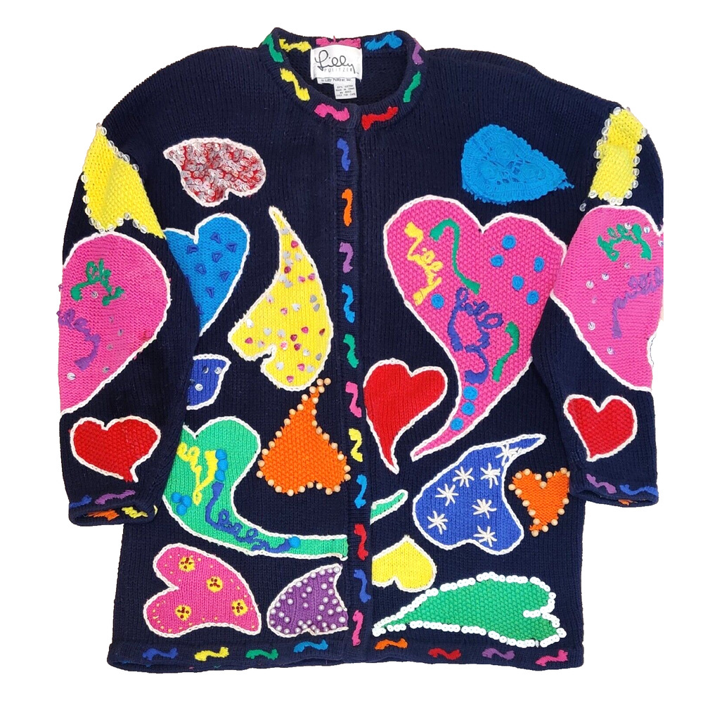 Lilly Pulitzer Beaded Heart Cardigan Sweater Size L Retro Bright Colorful *Read